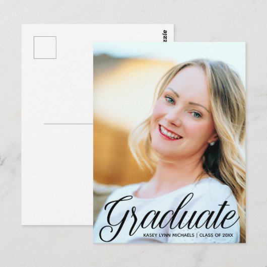 Chique Afstuderen Foto Zwart Script 2024 Afstudere Briefkaart (Voorkant / Achterkant)