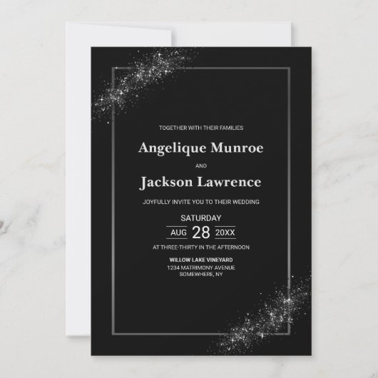 Chique alles in één zwart glitter bruiloft kaart (Voorkant)
