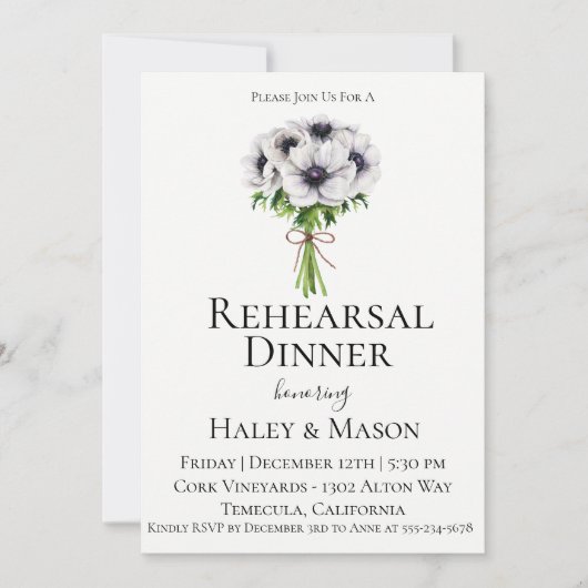 Chique Anemone Boeket repetitie diner uitnodiging (Voorkant)
