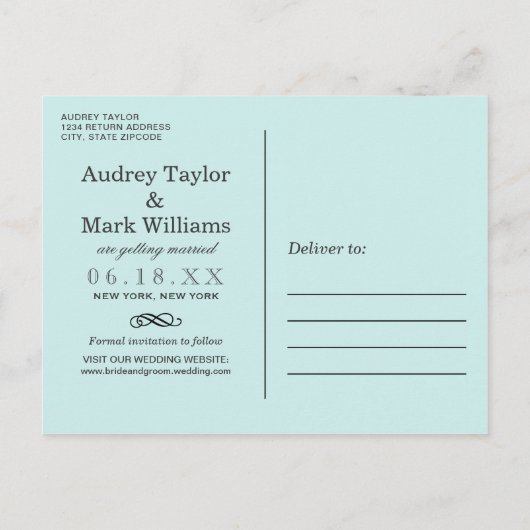 Chique Aqua Blauw Bruiloft Foto Opslaan van de Dat Aankondigingskaart (Achterkant)