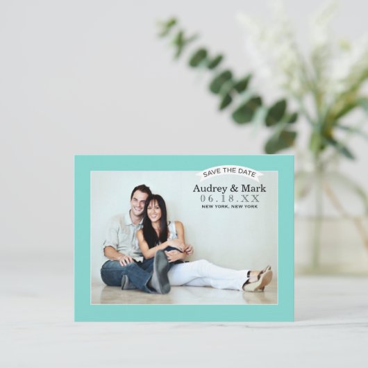Chique Aqua Blauw Bruiloft Foto Opslaan van de Dat Aankondigingskaart (Staand voorkant)