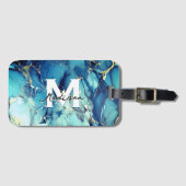 Chique aqua blauw marmer faux goud glitter monogra bagagelabel (Voorkant (horizontaal))