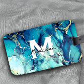 Chique aqua blauw marmer faux goud glitter monogra bagagelabel