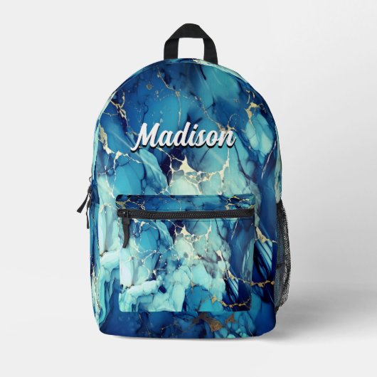 Chique aqua blauw marmer faux goud glitter monogra bedrukte rugzak (Voorkant)