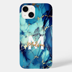 Chique aqua blauw marmer faux goud glitter monogra Case-Mate iPhone 14 hoesje