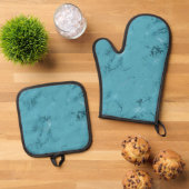 Chique aqua blauwe marmeren bruiloft ovenwant & pannenlap set (Top down)