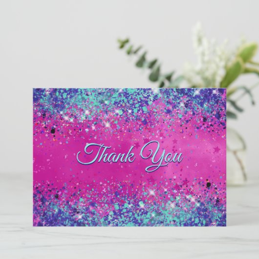 Chique aqua roze iriserende glitters bedankkaart (Staand voorkant)