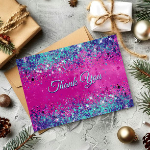 Chique aqua roze iriserende glitters bedankkaart