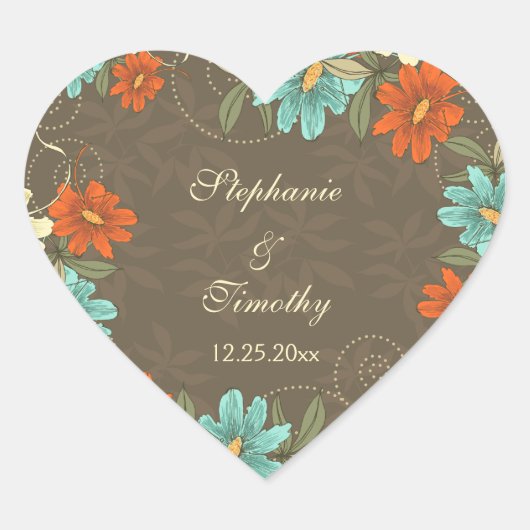 chique aqua sinaasappel trouwstickers hart sticker (Voorkant)