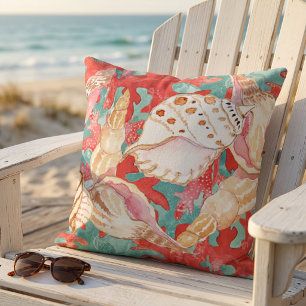 Chique Aqua Turquoise Koraal Rood Schelpen Patroon Buitenkussen