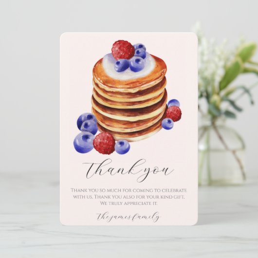 Chique aquarel pannenkoeken brunch & baby shower bedankkaart (Staand voorkant)