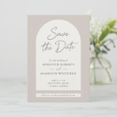 Chique Arch Lijst Modern Script Taupe Ecru Bruilof Save The Date (Staand voorkant)