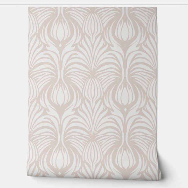 Chique Art Deco Bloemen Veer Patroon Zacht Beige Behang (Afrollen)