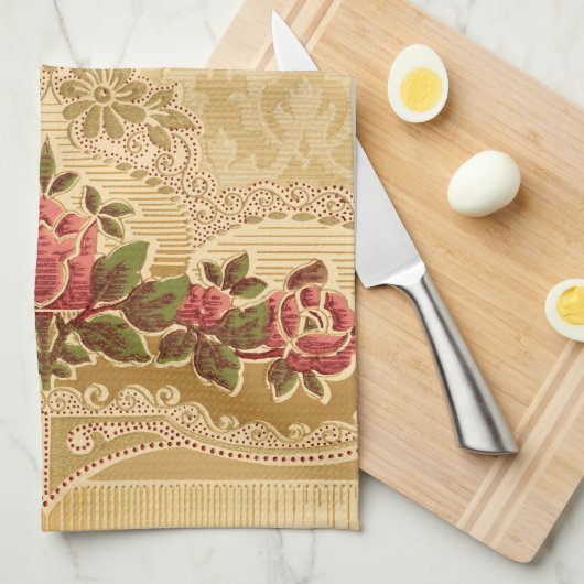 Chique Art Nouveau Goud en Rode Bloemen Theedoek (Quarter Fold)