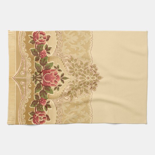 Chique Art Nouveau Goud en Rode Bloemen Theedoek (Horizontaal)