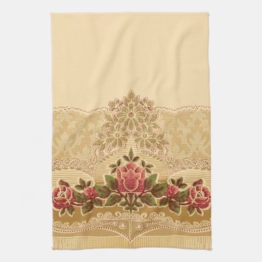 Chique Art Nouveau Goud en Rode Bloemen Theedoek (Verticaal)