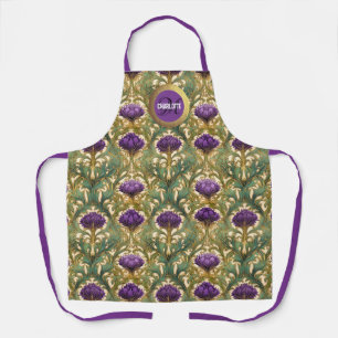 Chique art nouveau paarse gouden distel monogram n schort