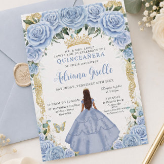 Chique Baby Blue Bloemen Bruine Prinses Quinceañer Kaart