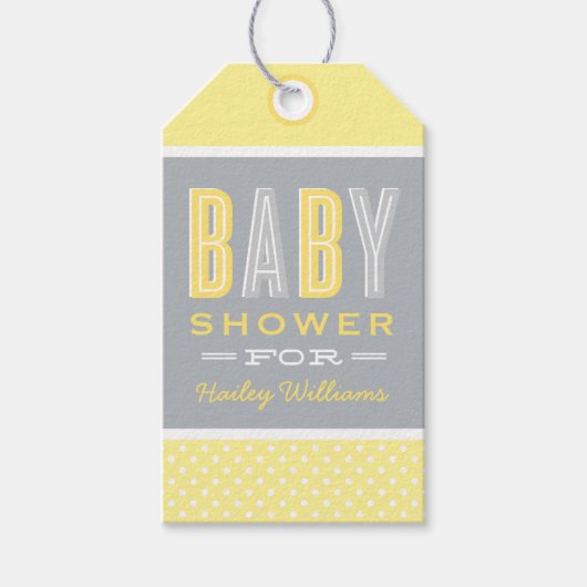 Chique baby shower geel en grijs cadeaulabel (Voorkant)