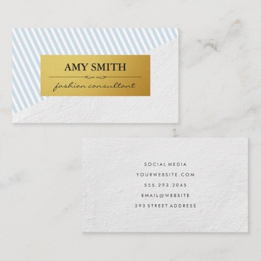 Chique babyblauw met witte strepen en namaak metaa visitekaartje (Voorkant / Achterkant)