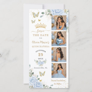 Chique babyblauwe bloemengouden fotohokje Quincean Save The Date