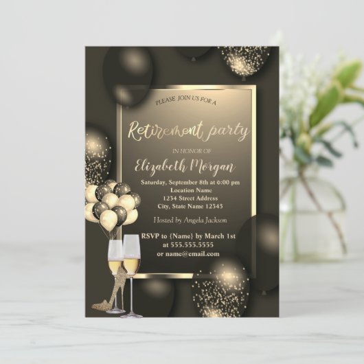 Chique ballonnen, glas, hoge hakken pensioen kaart (Staand voorkant)