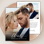 Chique Bedankt Script 2 Foto Bruiloft Dank u Kaart<br><div class="desc">Moderne Chic Boho Calligrafie Script Wedding 2 Foto Dank je kaart. Stijlvolle bruiloft dank u sjabloon met een volledige verticale foto op de voorkant met de tekst "Bedankt" in een grillige wervelende hand belettering typografie script swash tail font in witte overlay op het afbeelding en een achterkant een (1) foto...</div>
