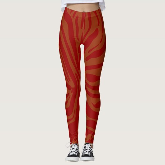 Chique beige & rode zebra print patroon leggings (Voorkant)