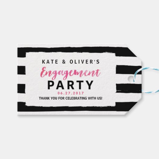 Chique Black & White Stripes Verlovingsfeest Cadeaulabel (Voorkant (Horizontaal))