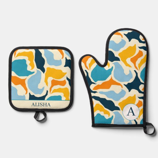 Chique Blauw Abstract Artsy Modern Custom Ovenwant & Pannenlap Set (Voorkant)