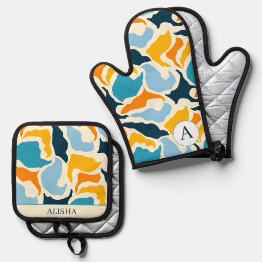 Chique Blauw Abstract Artsy Modern Custom Ovenwant & Pannenlap Set (Voorkant / Achterkant)