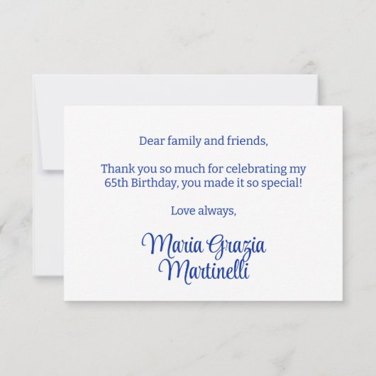 Chique Blauw Bloemen 65e Verjaardagsfeestje Bedankkaart (Achterkant)