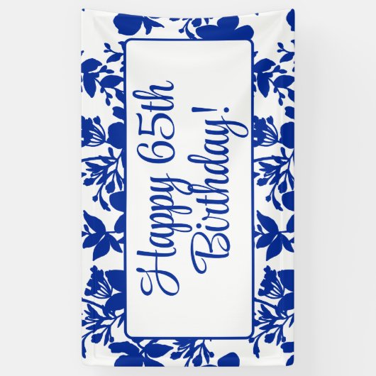 Chique Blauw Bloemen 65e Verjaardagsfeestje Spandoek (Verticaal)