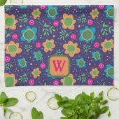 Chique Blauw Bloemen Kleurrijke Monogram Initiaal Theedoek (Gevouwen)