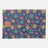 Chique Blauw Bloemen Kleurrijke Monogram Initiaal Theedoek (Horizontaal)