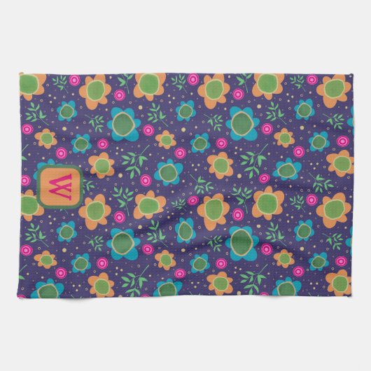 Chique Blauw Bloemen Kleurrijke Monogram Initiaal Theedoek (Horizontaal)