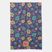 Chique Blauw Bloemen Kleurrijke Monogram Initiaal Theedoek (Verticaal)