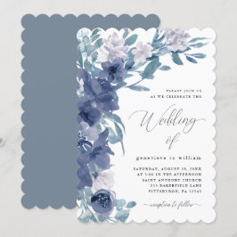 Chique Blauw Bloemen met Kalligrafie Bruiloft Kaart