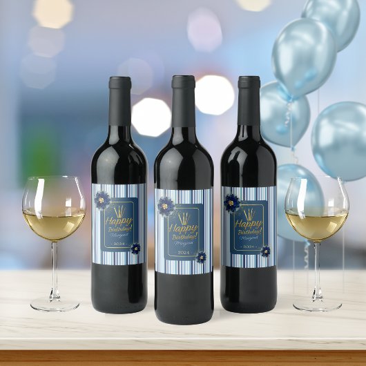 Chique Blauw Bloemen Witte Streep Gelukkige Verjaa Wijn Etiket