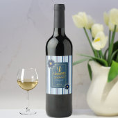 Chique Blauw Bloemen Witte Streep Gelukkige Verjaa Wijn Etiket