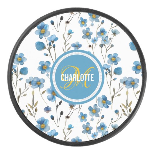 Chique blauw bloemenpatroon monogram naam hockey puck (Voorkant)