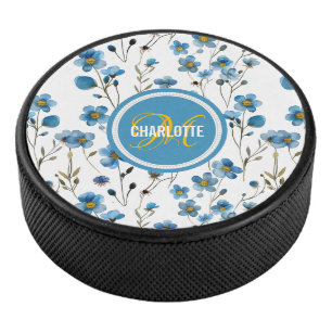 Chique blauw bloemenpatroon monogram naam hockey puck