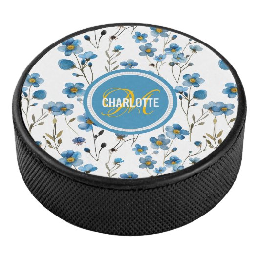 Chique blauw bloemenpatroon monogram naam hockey puck (3/4)