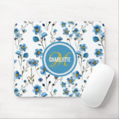 Chique blauw bloemenpatroon monogram naam muismat (Met muis)