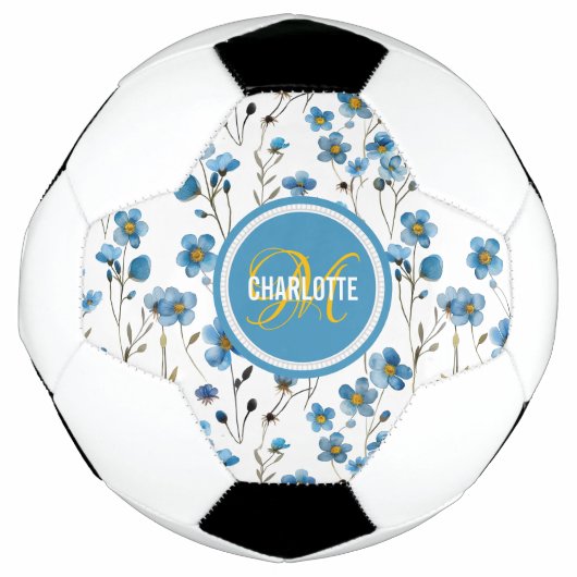 Chique blauw bloemenpatroon monogram naam voetbal (Voorkant)