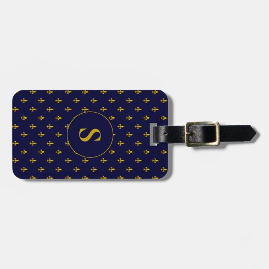 Chique blauw en goud Fleur de Lis Patroon Monogram Bagagelabel (Voorkant horizontaal)