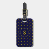 Chique blauw en goud Fleur de Lis Patroon Monogram Bagagelabel (Voorkant verticaal)