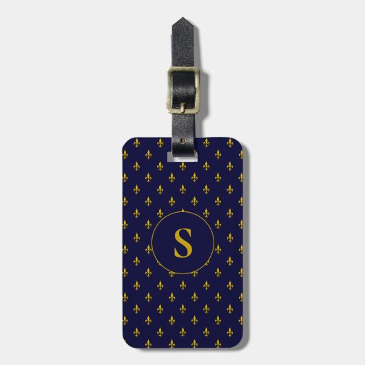Chique blauw en goud Fleur de Lis Patroon Monogram Bagagelabel (Voorkant verticaal)