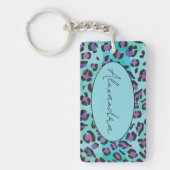 Chique Blauw en Paarse Luipaard Print Monogram Sleutelhanger (Voorkant)