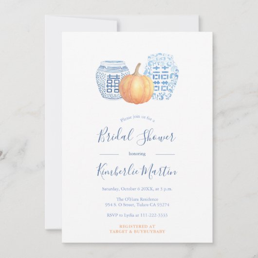 Chique blauw en wit aardewerk pompoenen Vrijgezell Kaart (Voorkant)